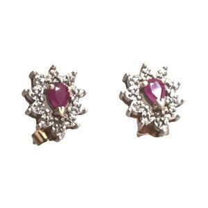 10K White Yellow Gold Genuine Ruby & Diamond Stud Earrings Screw Back Vintage